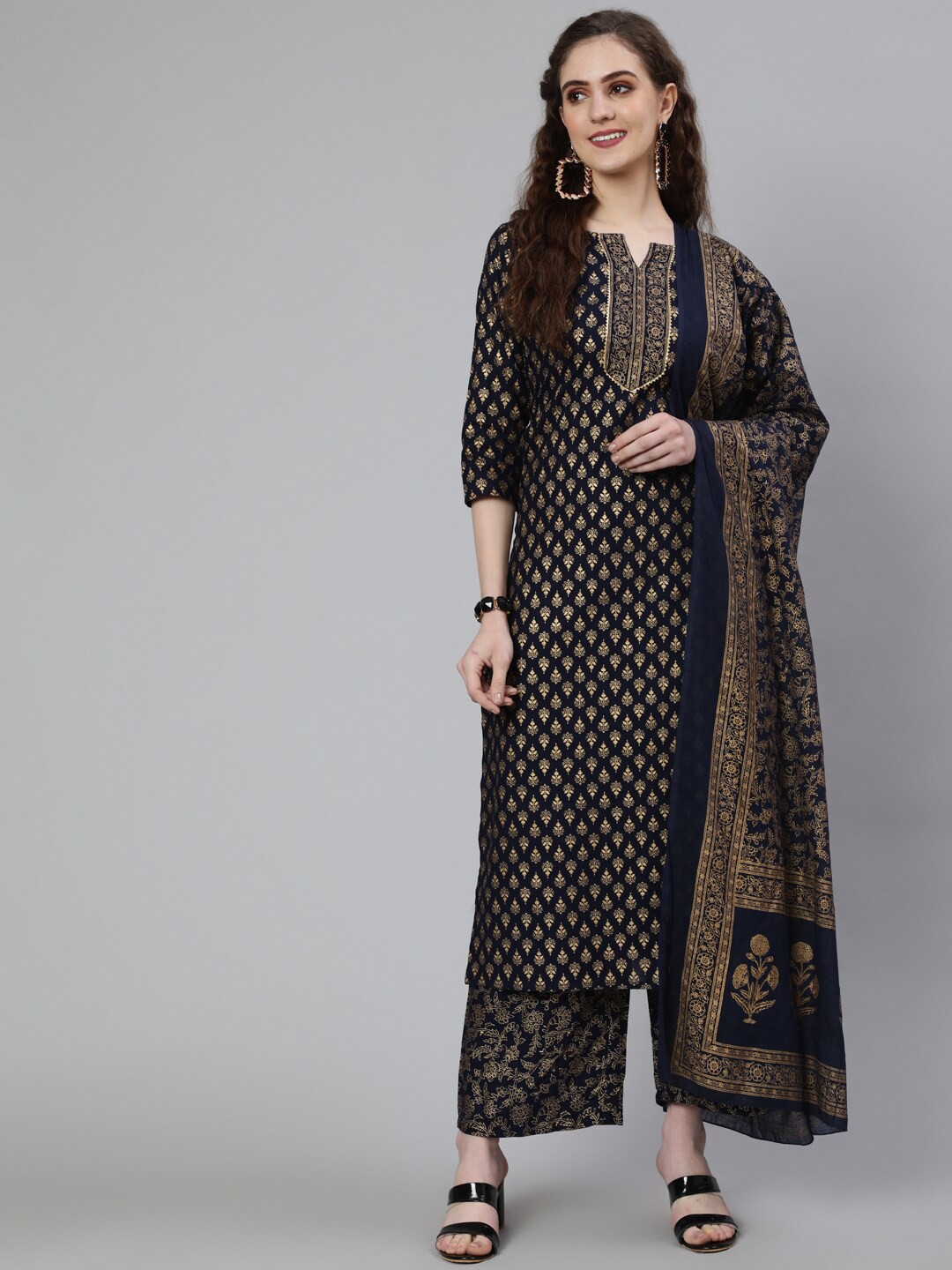 

Nayo Women Ethnic Motifs Printed Notch Neck Pure Cotton Kurta with Palazzos & Dupatta, Navy blue