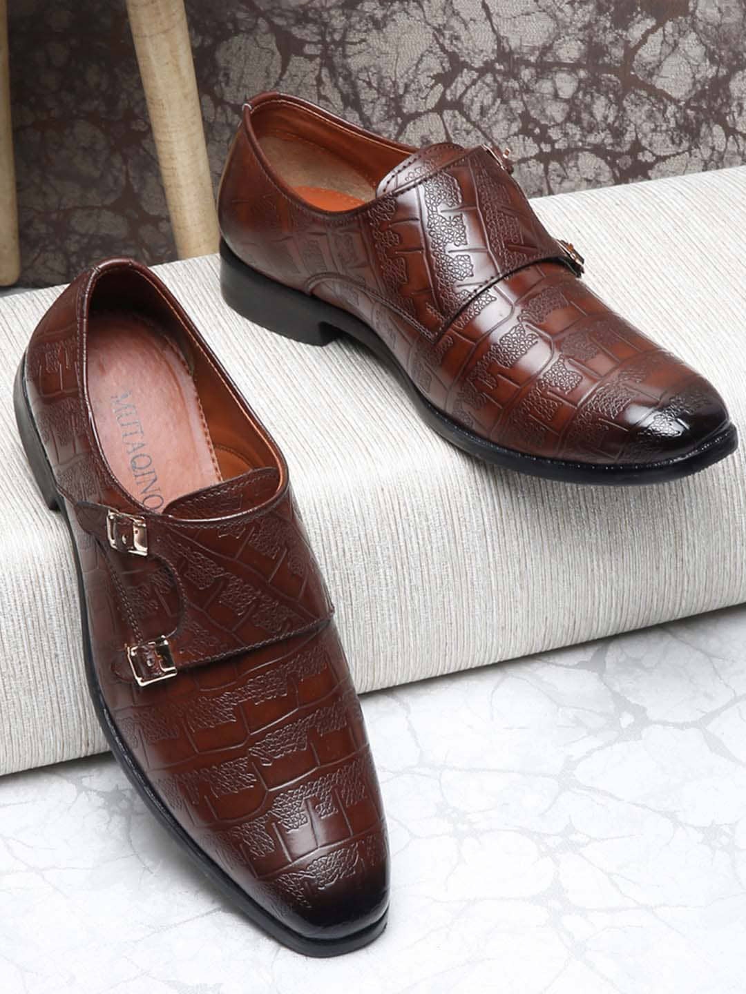 

MUTAQINOTI Men Textured Patent Leather Lightweight Monks, Brown