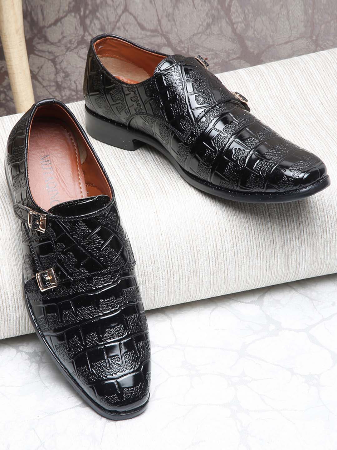 

MUTAQINOTI Men Textured Formal Monk Shoes, Black