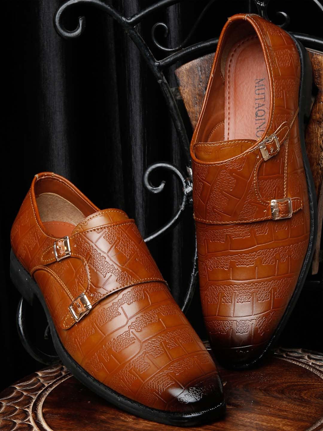 

MUTAQINOTI Men Lightweight Patent Leather Monks, Tan