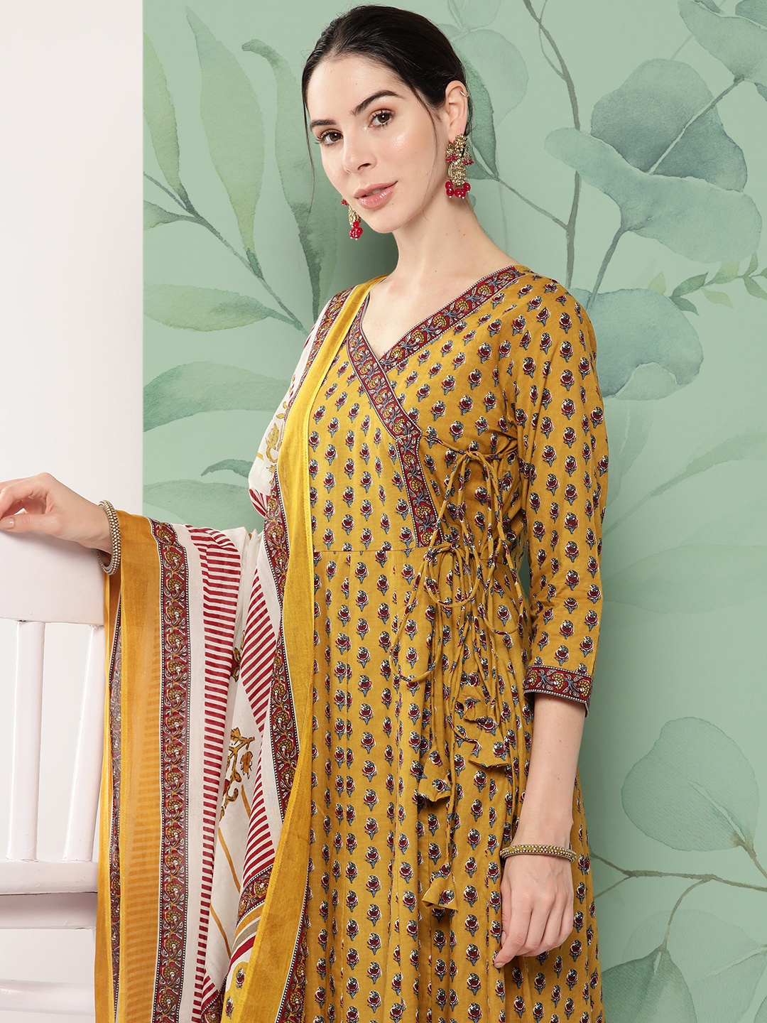 

Yufta Floral Printed Angrakha Pure Cotton Kurta with Trousers & With Dupatta, Mustard