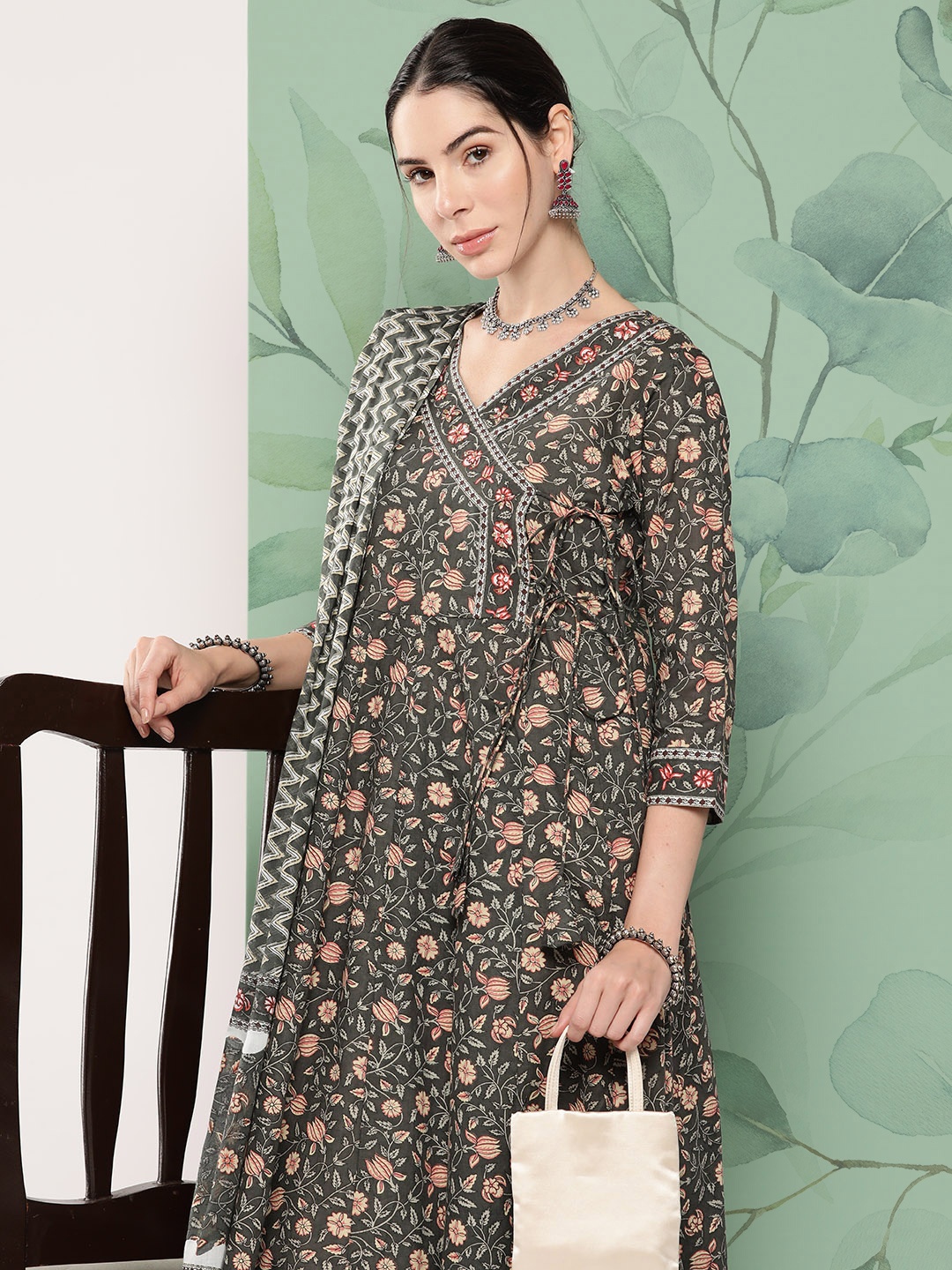 

Yufta Floral Printed Angrakha Pure Cotton Kurta with Trousers & With Dupatta, Green