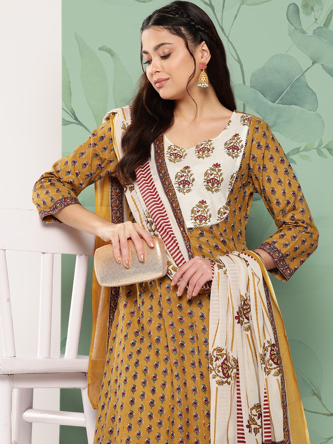 

Yufta Floral Printed Pure Cotton Kurta with Trousers & With Dupatta, Mustard