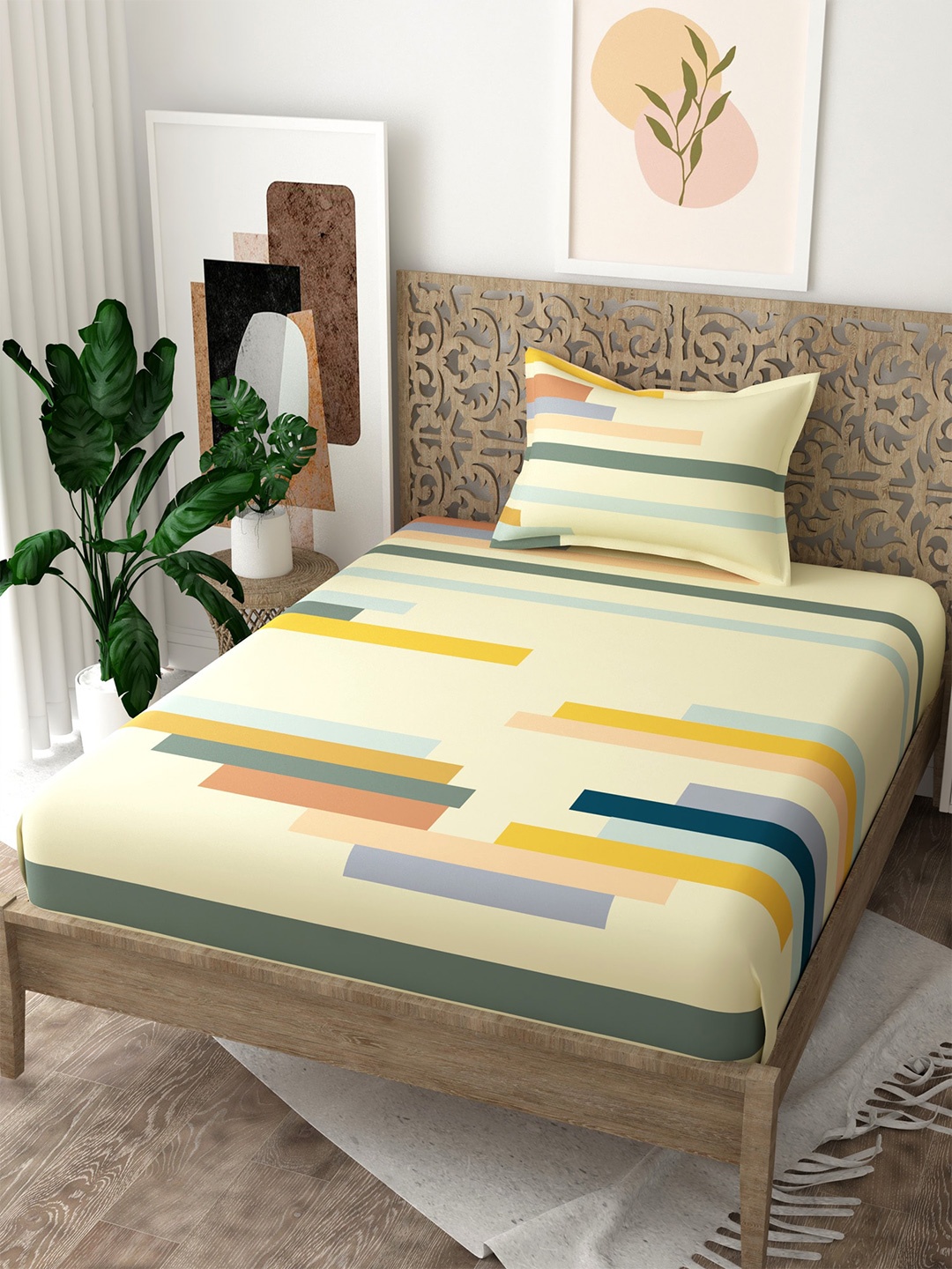 

EverHOME Yellow & Grey Striped 160 TC Flat Cotton Single Bedsheet with Pillow Cover
