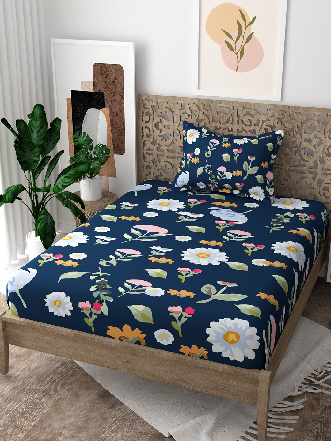 

EverHOME Navy Blue & White Floral 160 TC Flat Cotton Single Bedsheet with 1 Pillow Cover