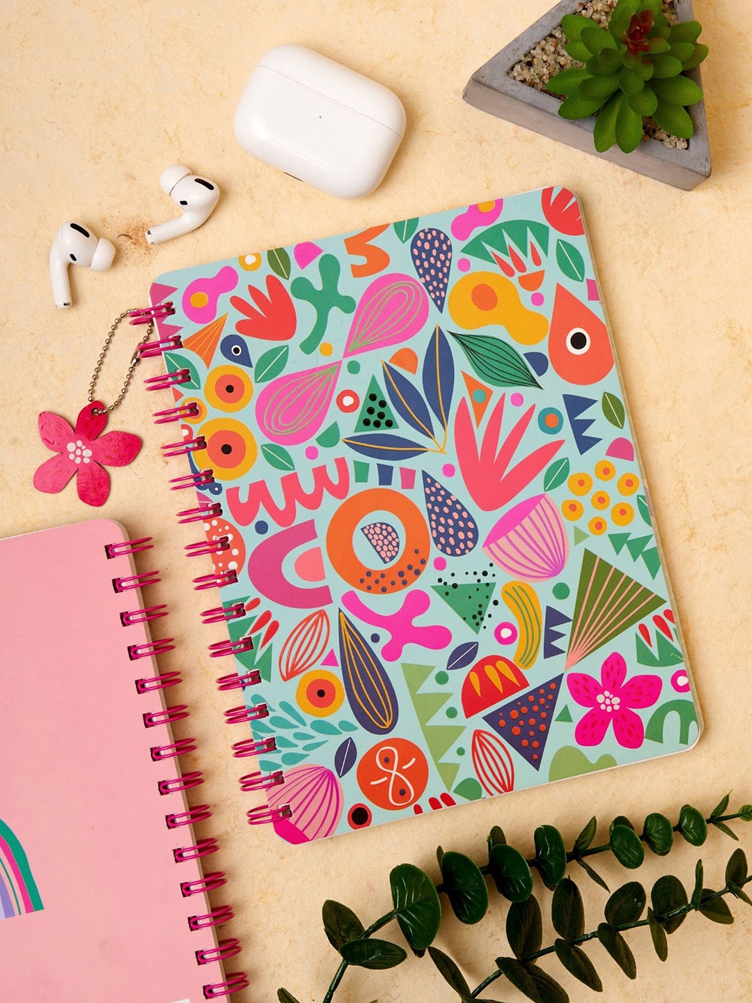 

Doodle Printed Happy Elements Wiro Notebook, Pink