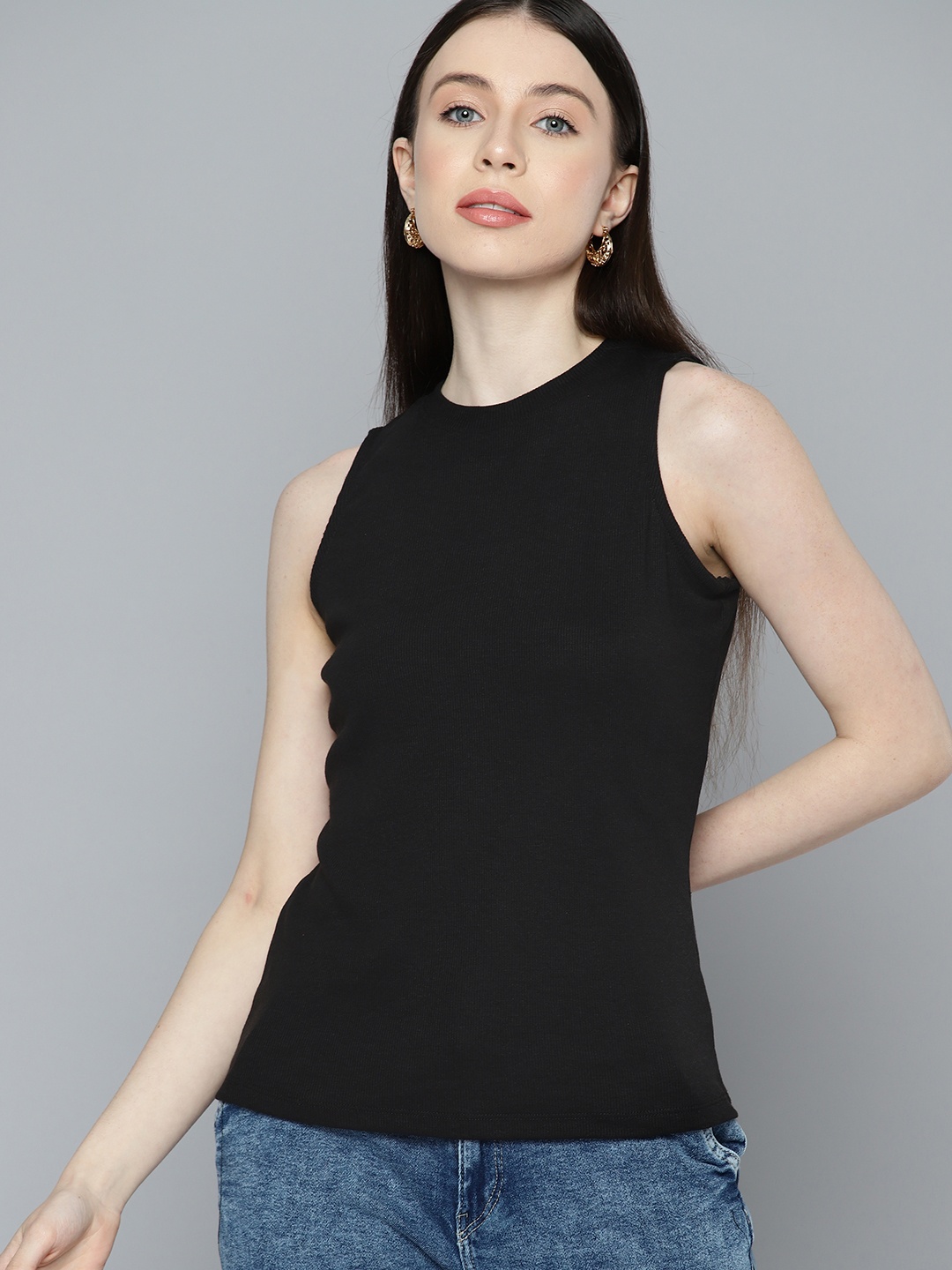 

Chemistry High-Neck Sleeveless Knitted Top, Black