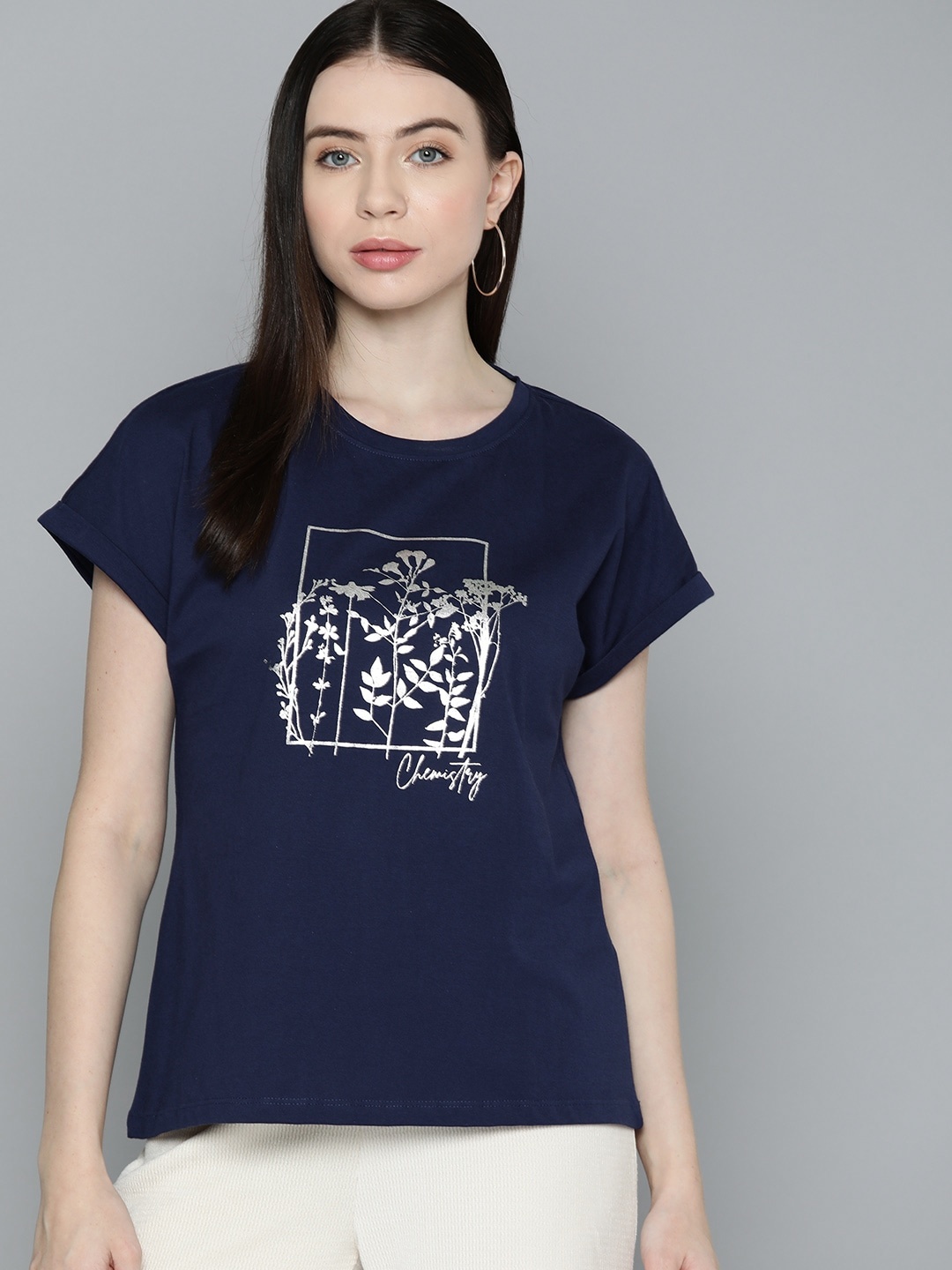 

Chemistry Floral Printed Extended Sleeves T-shirt, Navy blue