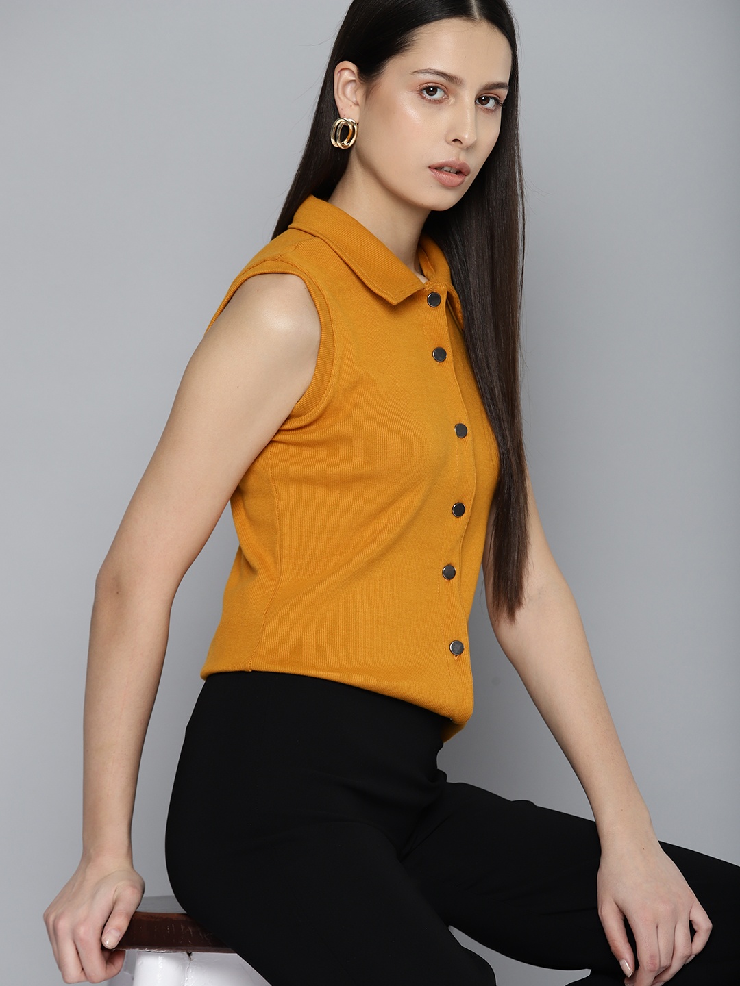 

Chemistry Shirt Style Sleeveless Top, Mustard