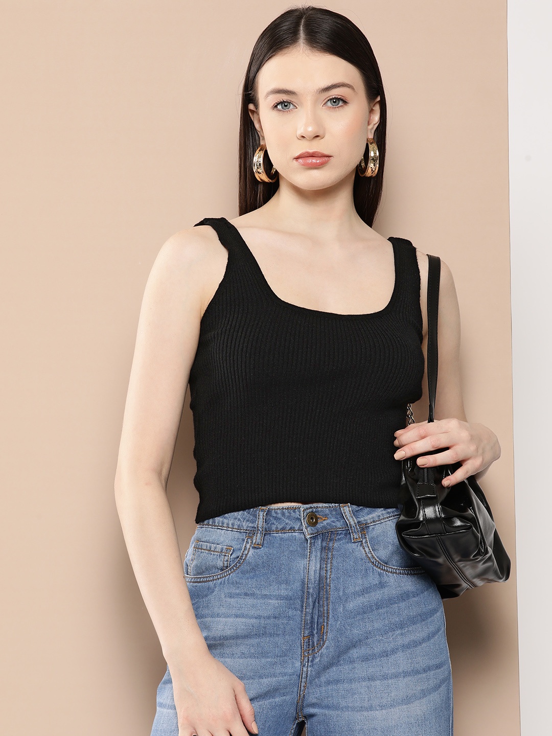 

Chemistry Shoulder Straps Ribbed Detail Top, Black