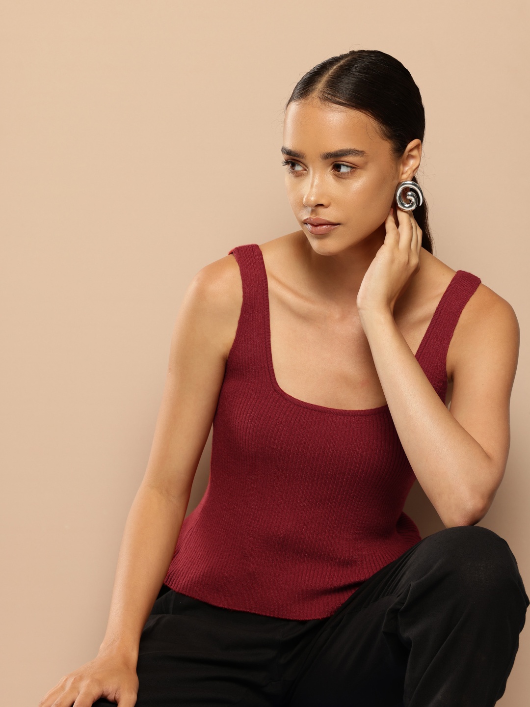

Chemistry Scoop Neck Ribbed Top, Maroon