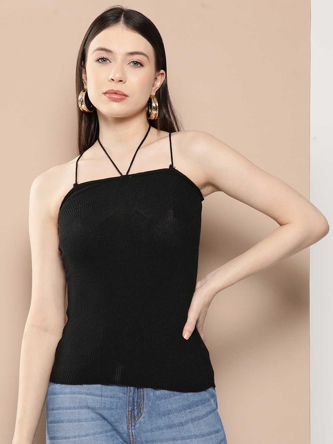 

Chemistry Ribbed Detail Halter Neck Styled Back Top, Black