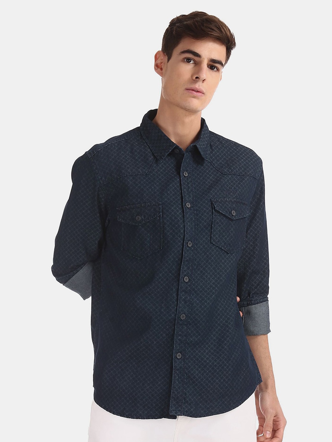 

V-Mart Classic Micro Ditsy Printed Casual Cotton Shirt, Blue