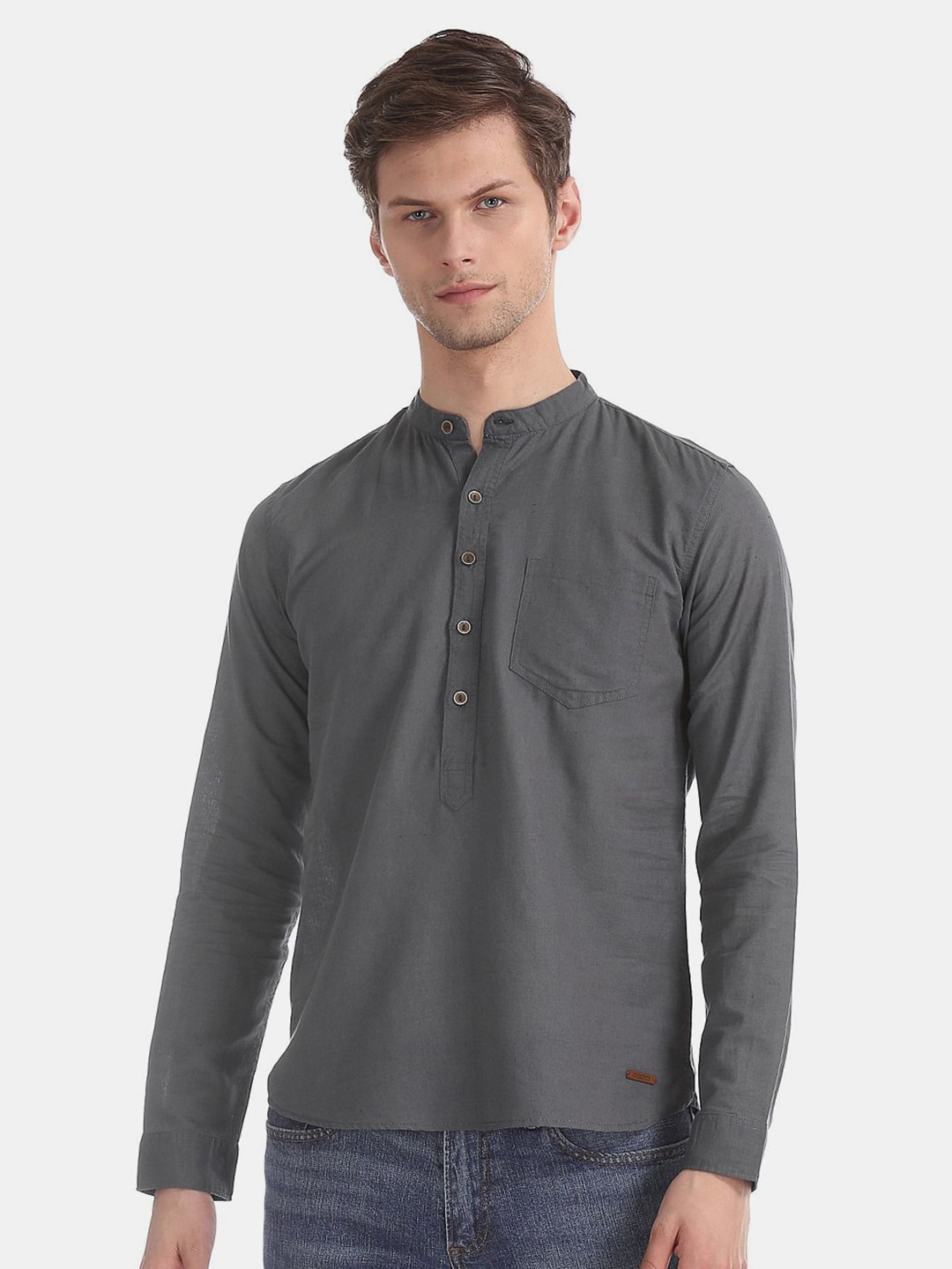 

V-Mart Classic Mandarin Collar Casual Cotton Shirt, Grey