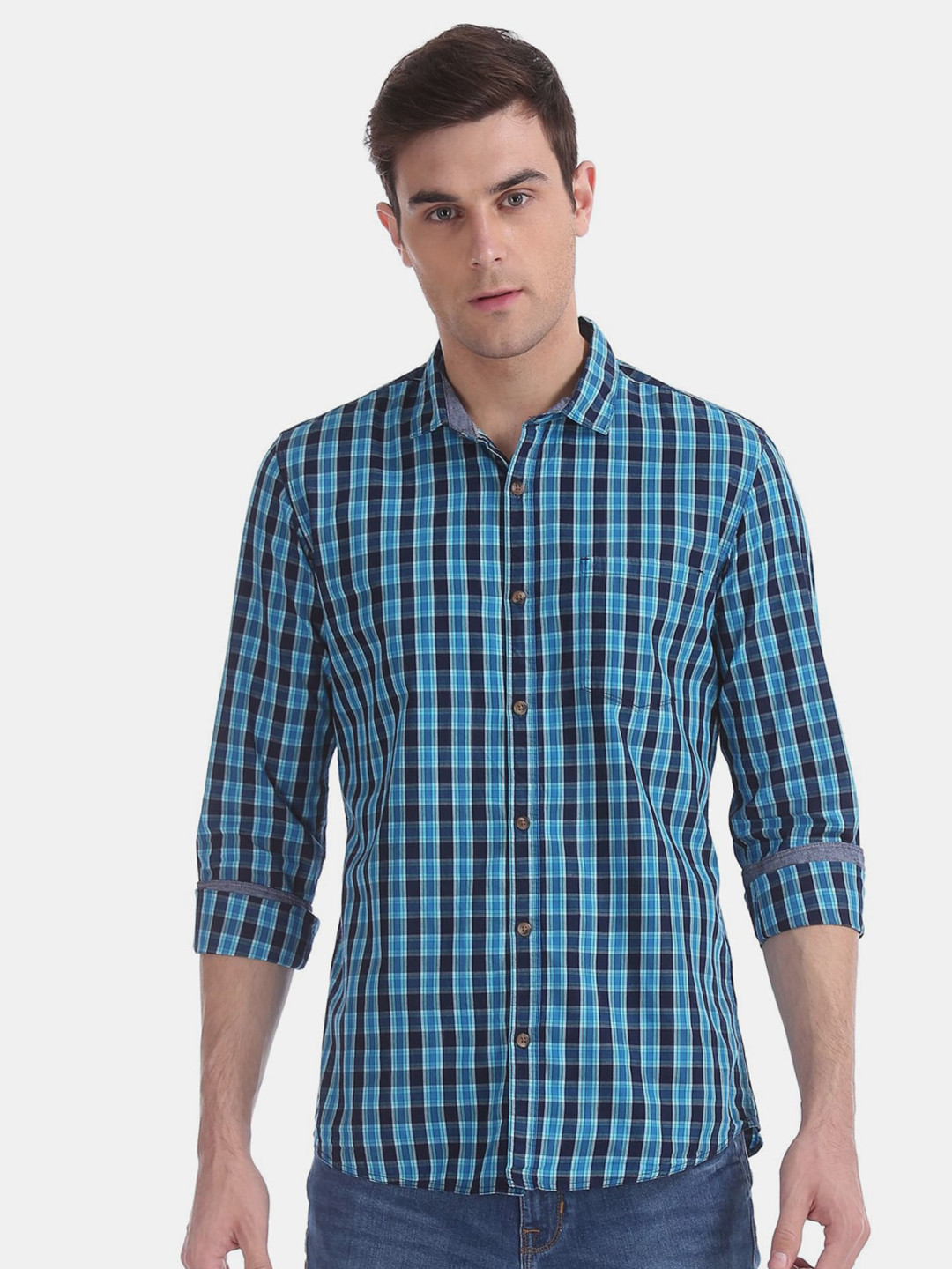 

V-Mart Classic Tartan Checks Cotton Casual Shirt, Blue