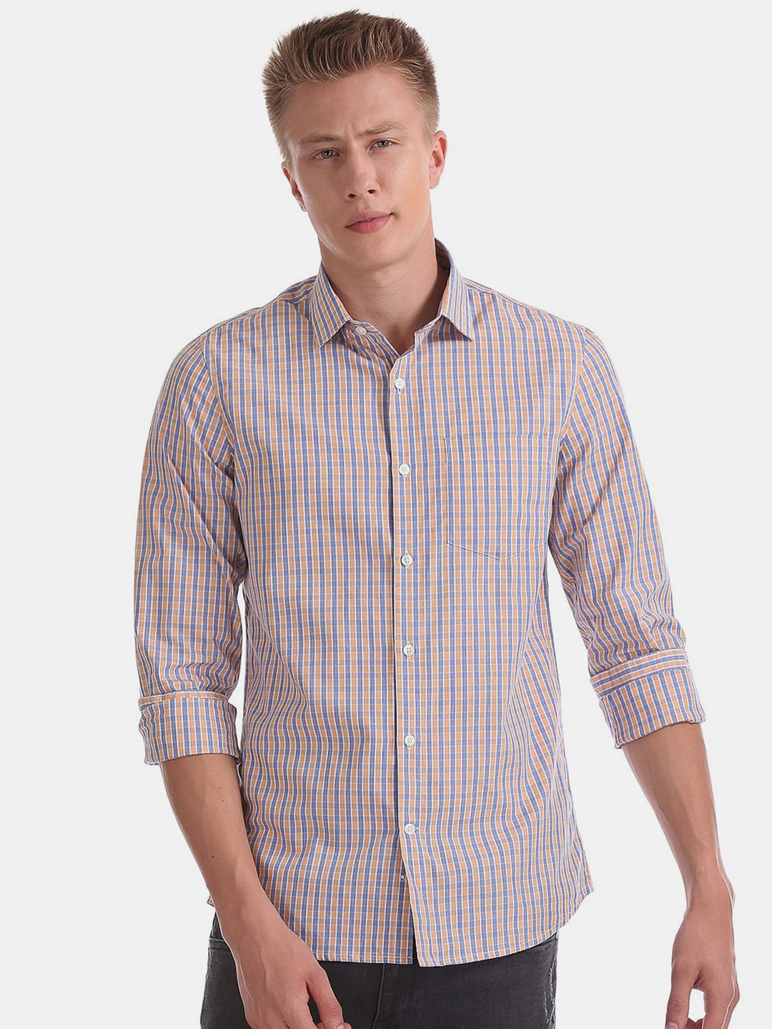 

V-Mart Classic Micro Checked Cotton Casual Shirt, Orange