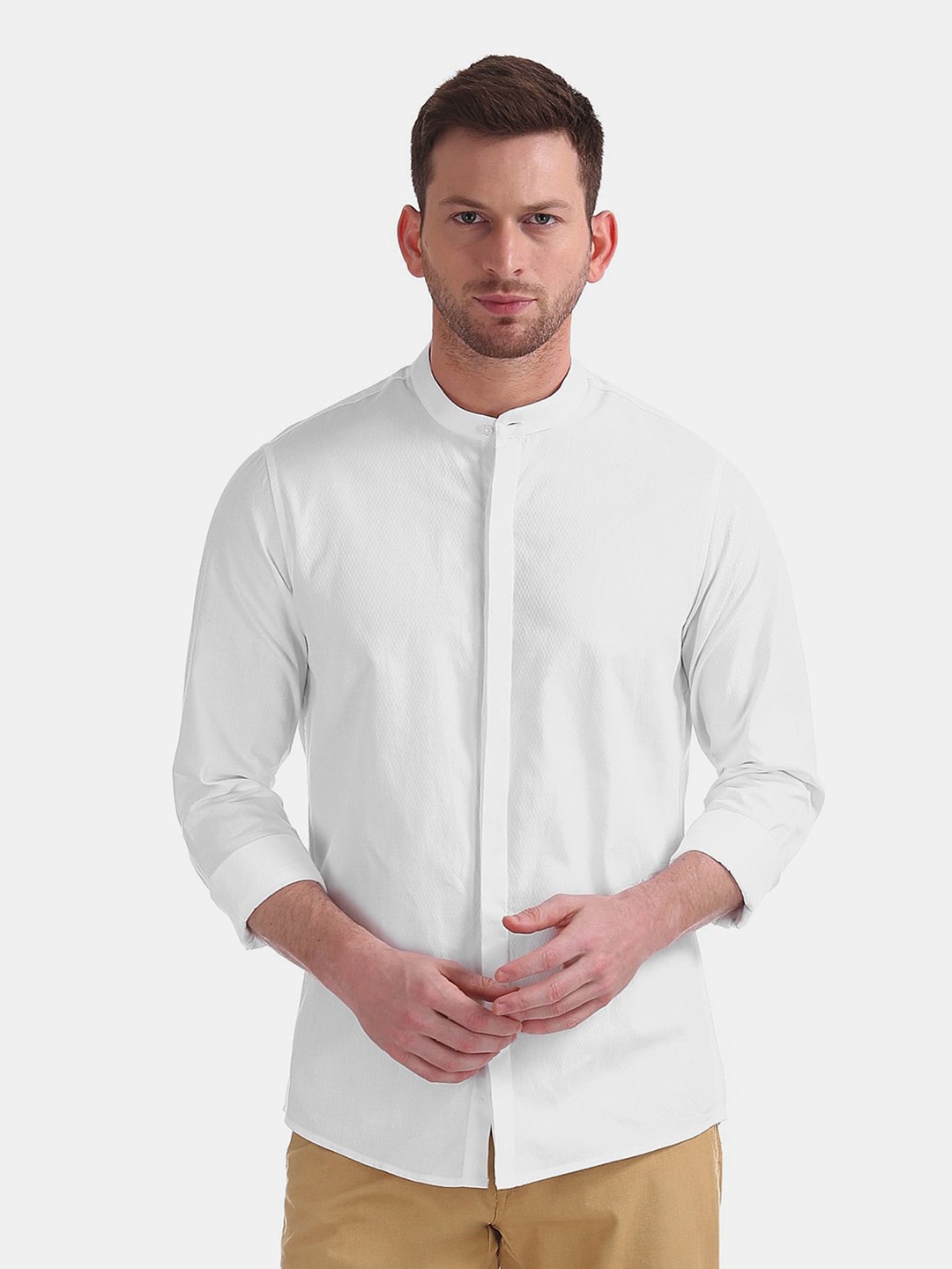 

V-Mart Band Collar Classic Cotton Casual Shirt, White