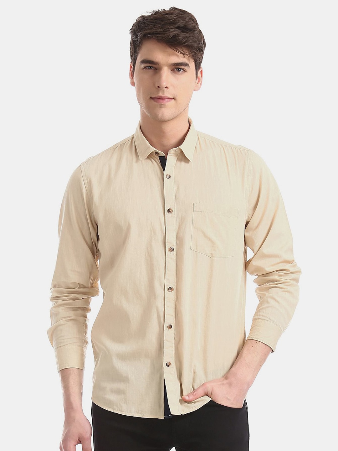 

V-Mart Spread Collar Cotton Casual Shirt, Beige