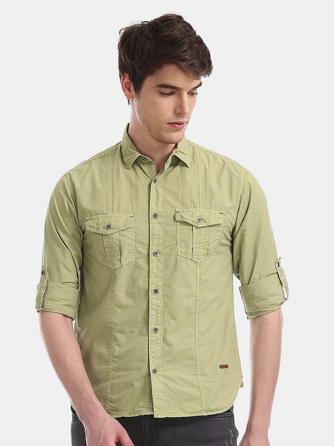 

V-Mart Spread Collar Classic Cotton Casual Shirt, Green