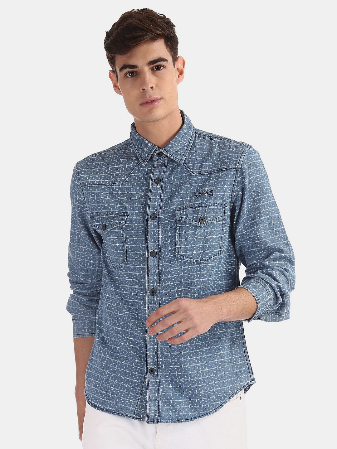 

V-Mart Men Classic Spread Collar Geometric Printed Cotton Casual Shirt, Blue