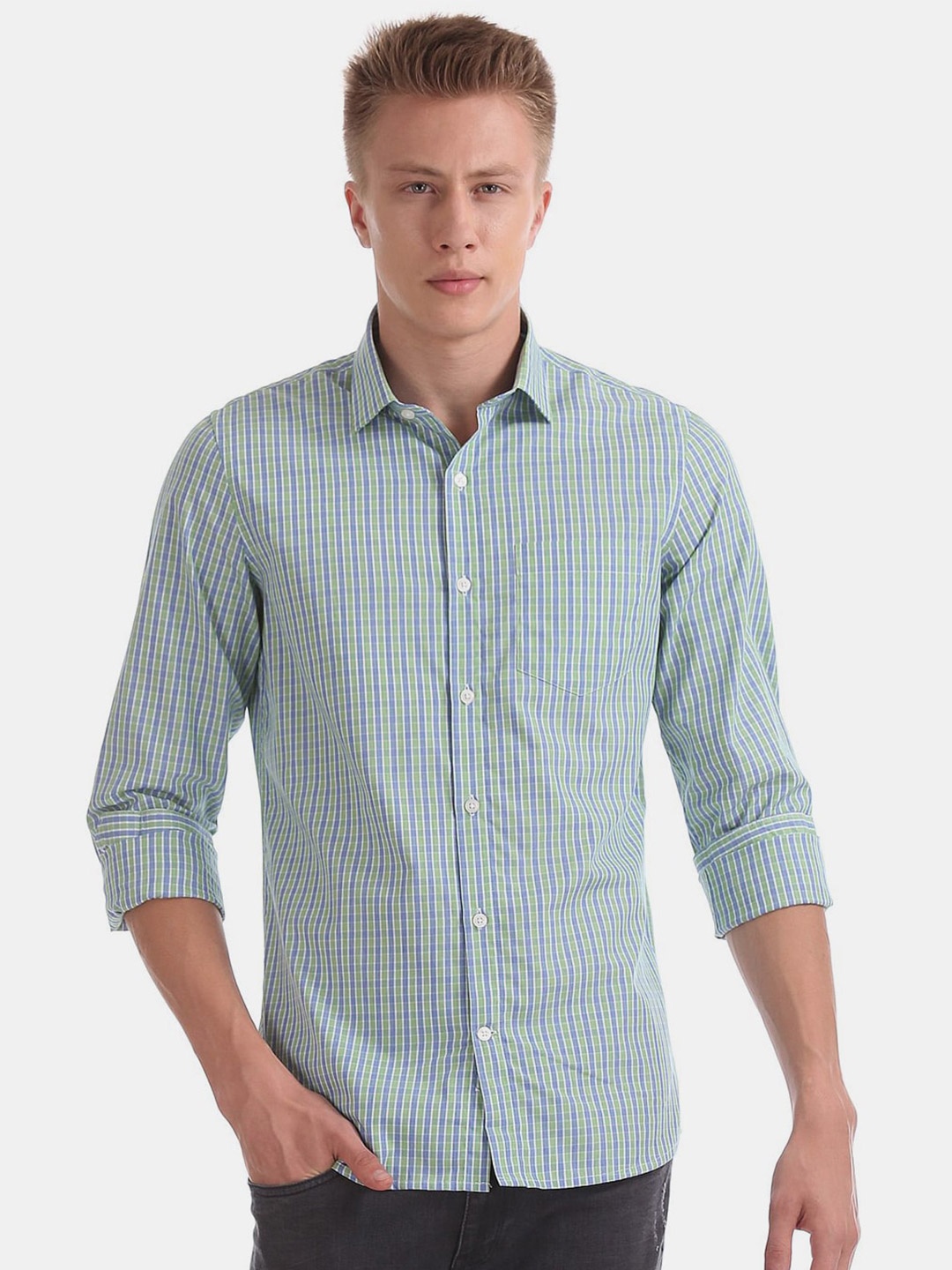 

V-Mart Checked Classic Casual Cotton Shirt, Green