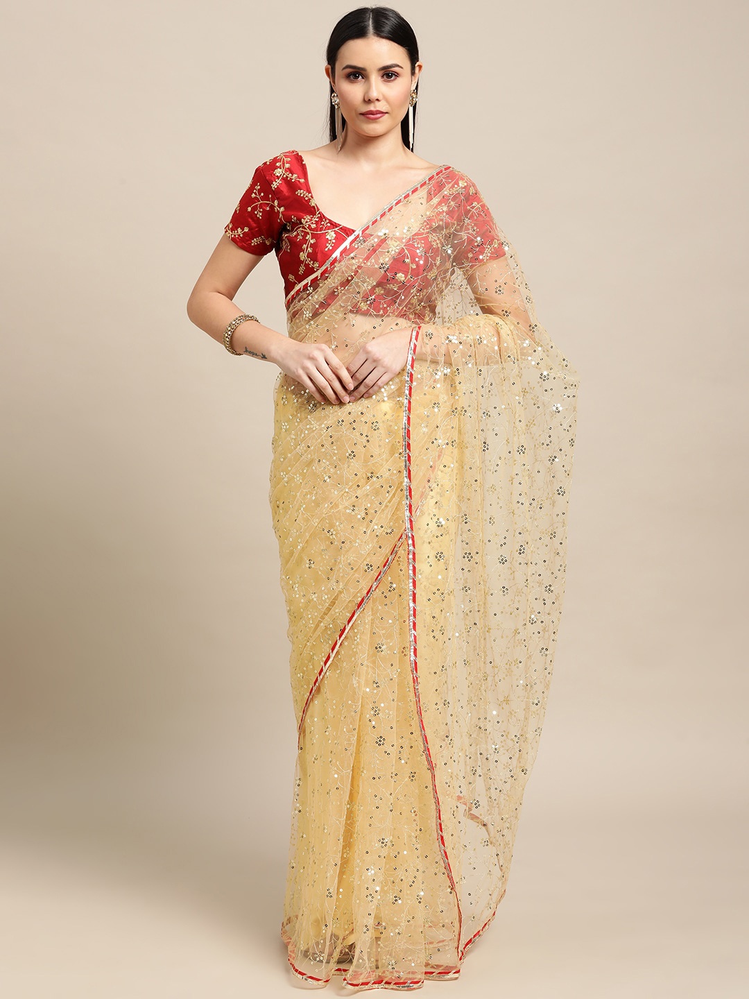 

Atsevam Embellished Sequinned Sheer Net Saree, Cream