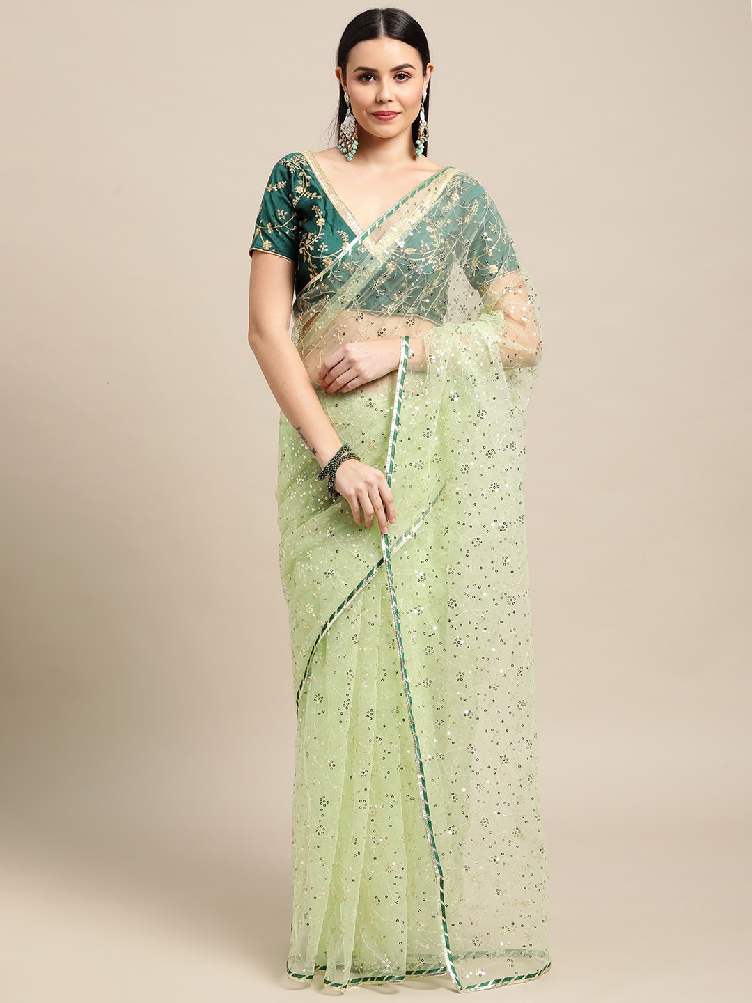 

Atsevam Green & Gold-Toned Embellished Sequinned Net Saree