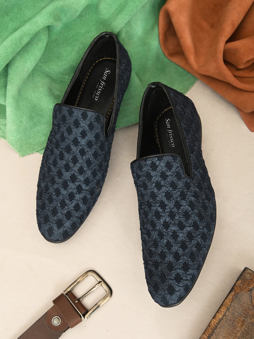 

San Frissco Men Woven Design Lightweight Slip-On Mojaris, Blue
