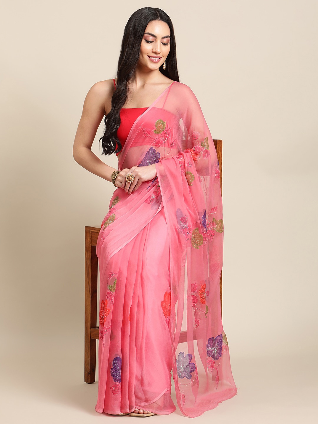 

La Vastraa Floral Printed Pure Chiffon Saree, Pink