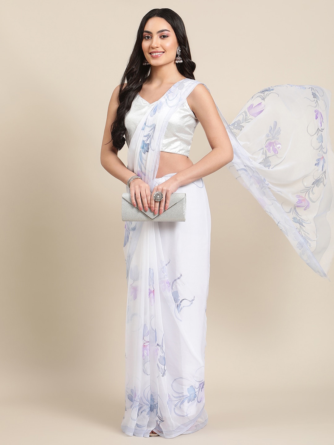 

La Vastraa Printed Floral Pure Chiffon Saree, White