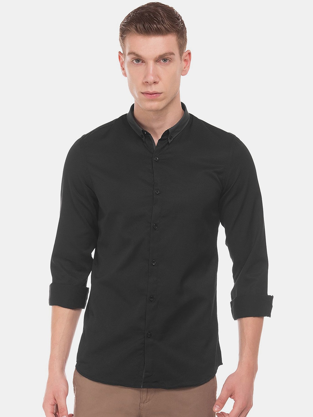 

V-Mart Button-Down Collar Classic Slim Fit Cotton Casual Shirt, Black