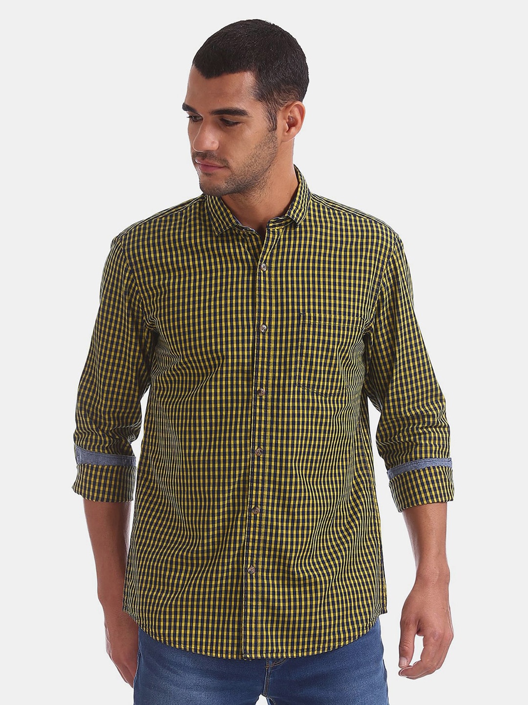

V-Mart Classic Micro Checked Cotton Casual Shirt, Yellow