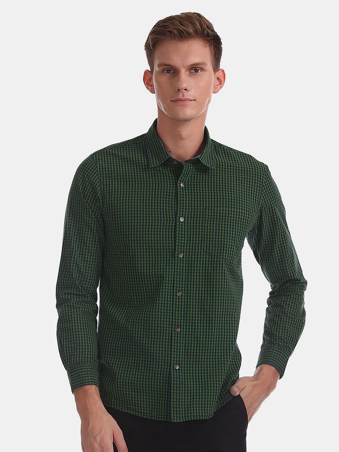 

V-Mart Checked Classic Casual Cotton Shirt, Green