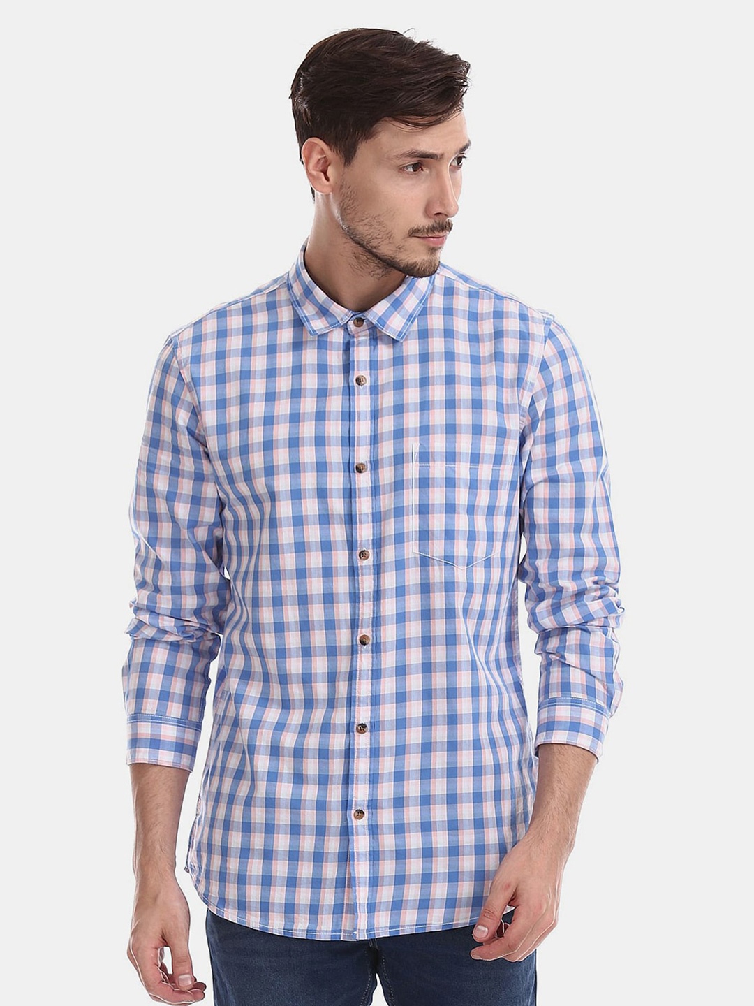 

V-Mart Classic Gingham Checks Cotton Casual Shirt, Blue