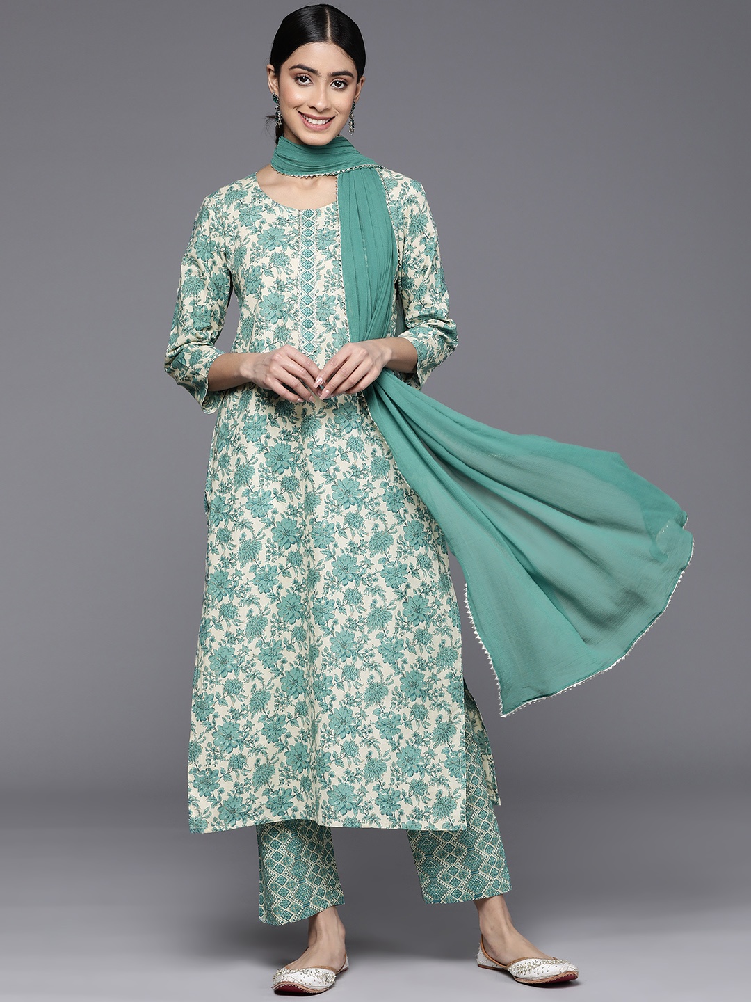 

Varanga Floral Printed Gotta Patti Pure Cotton Kurta With Trousers & With Dupatta, Turquoise blue