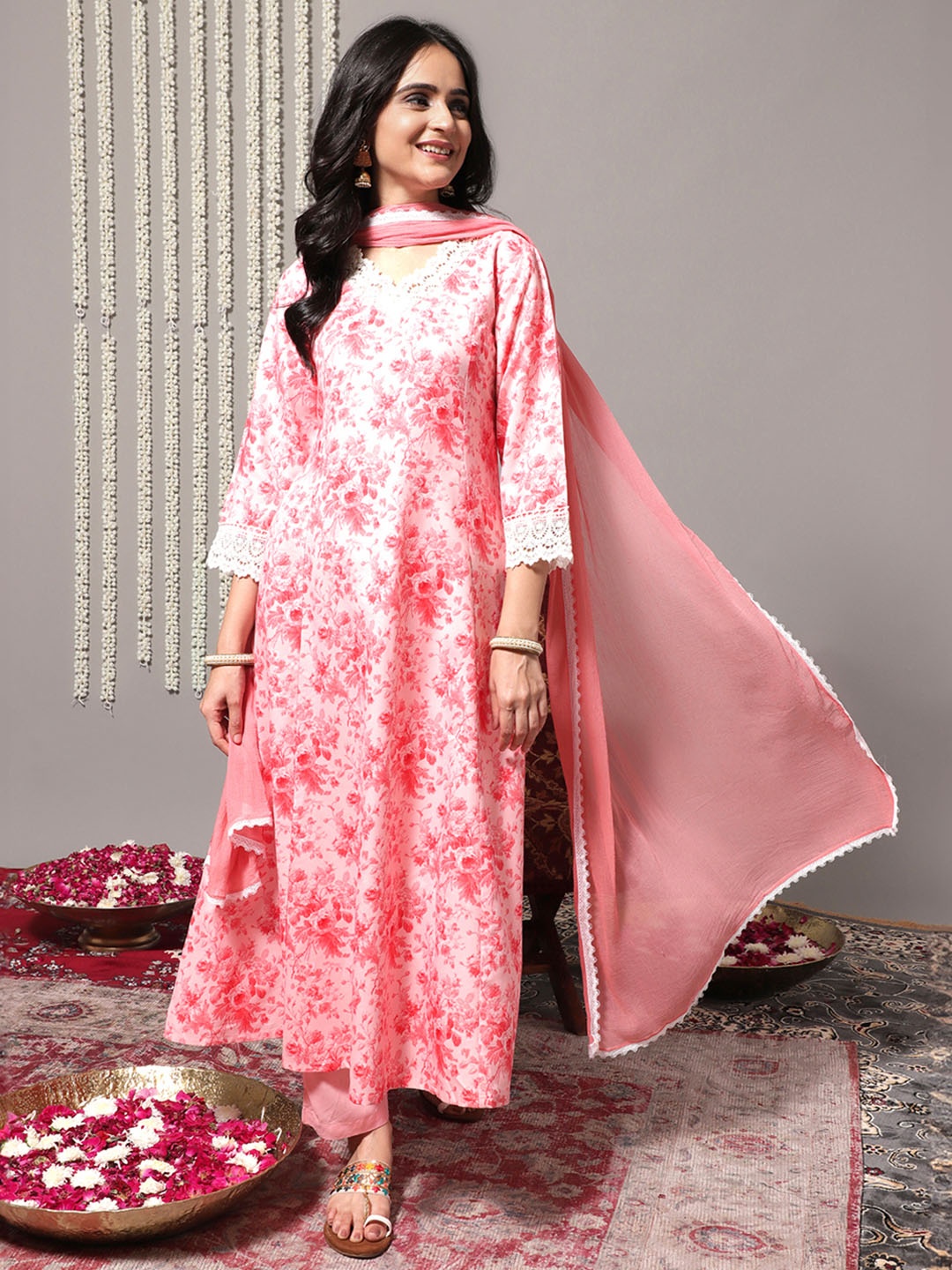 

Varanga Floral Printed A-Line Kurta With Trousers & With Dupatta, Peach