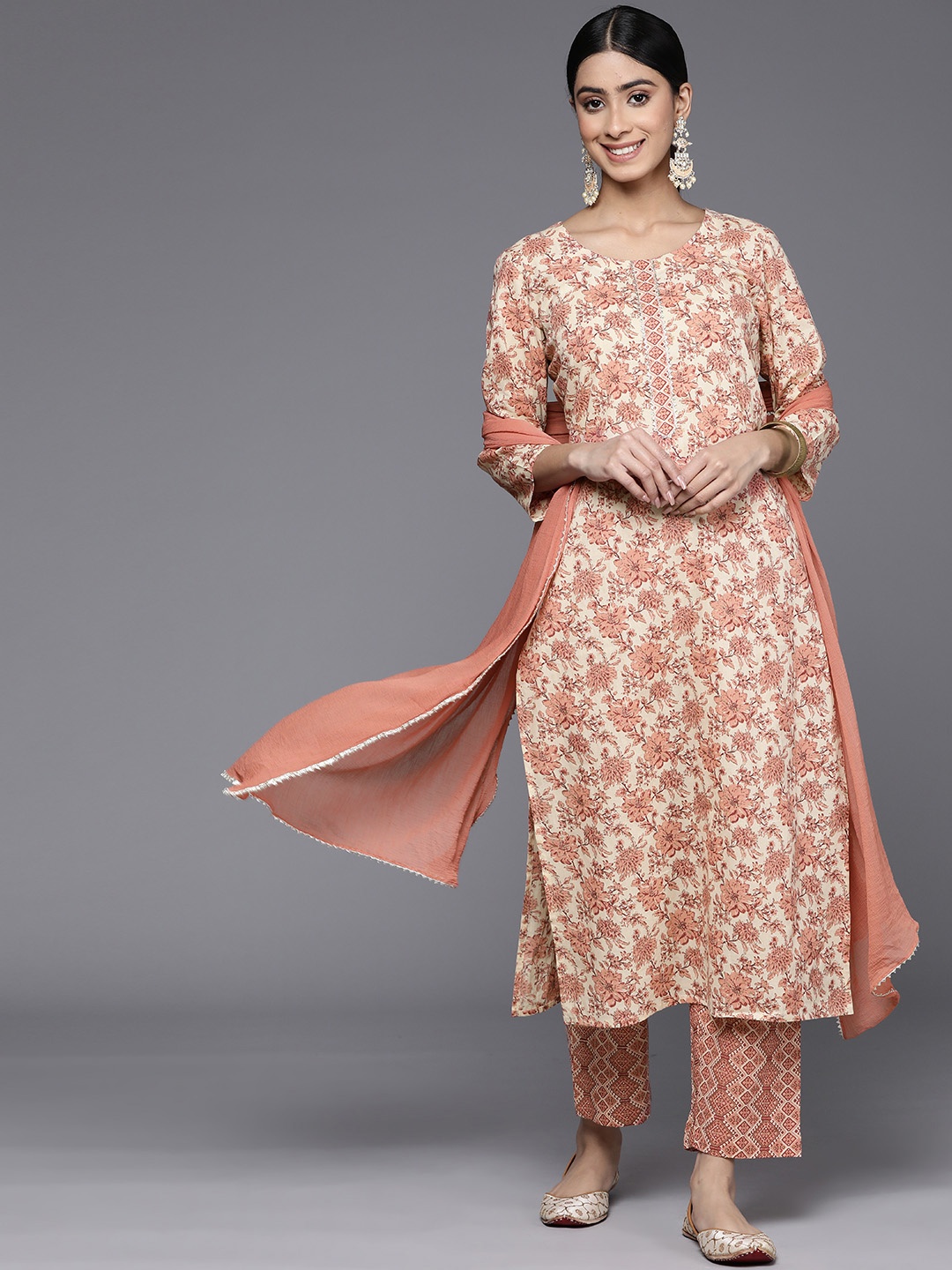 

Varanga Floral Printed Gotta Patti Pure Cotton Kurta With Trousers & Dupatta, Peach