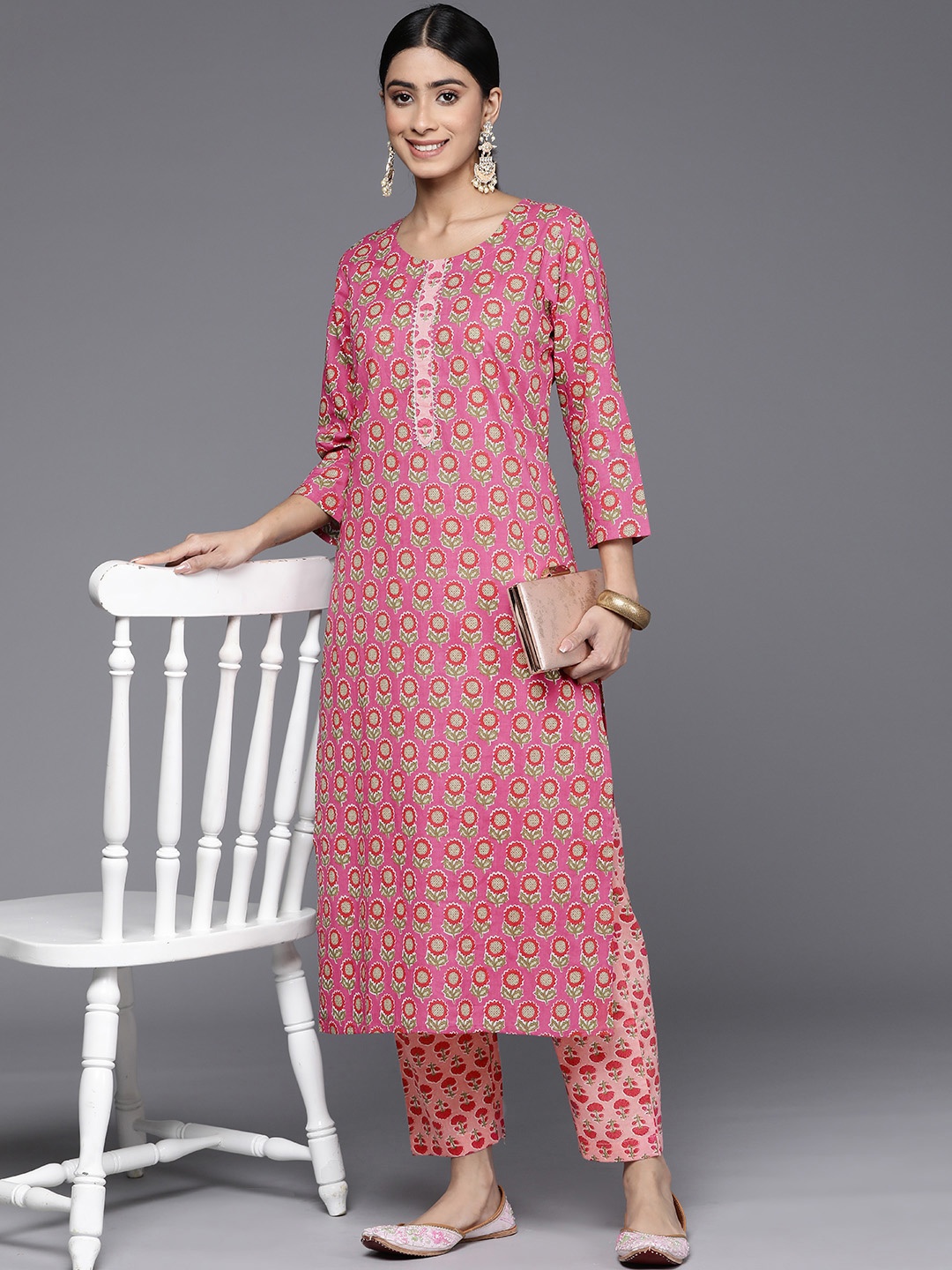 

Varanga Floral Printed Gotta Patti Pure Cotton Kurta With Trousers, Pink