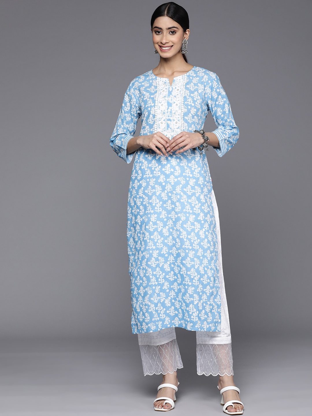 

Varanga Dyed Thread Work Cotton Kurta, Turquoise blue