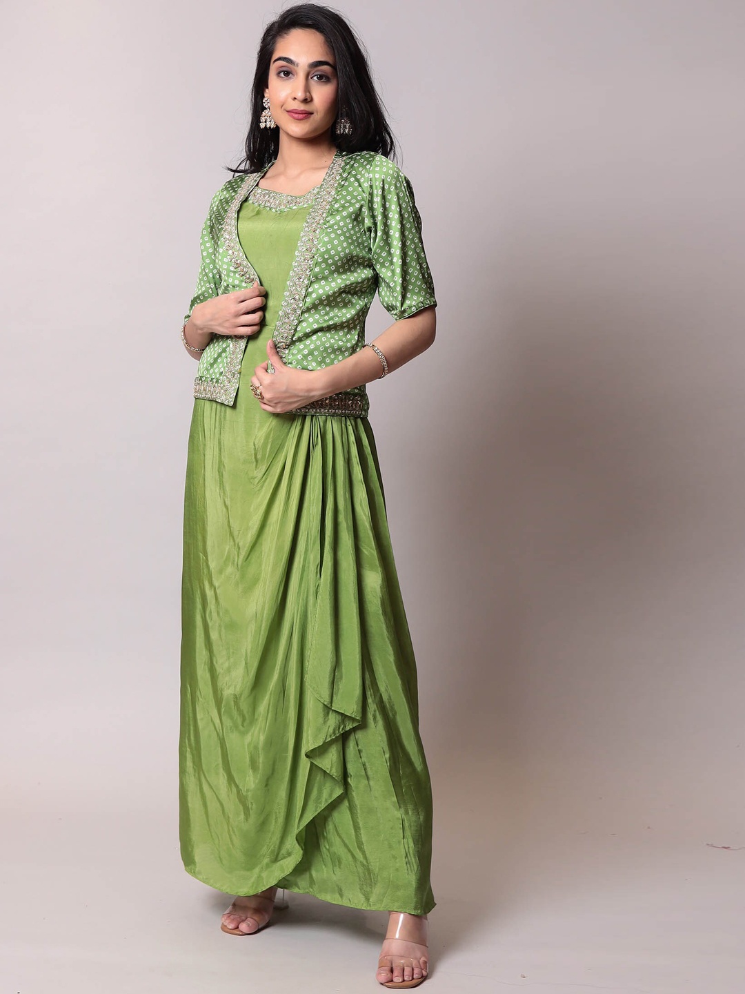 

ZARI Bandhani Printed Crepe Kurta With Jacket, Green