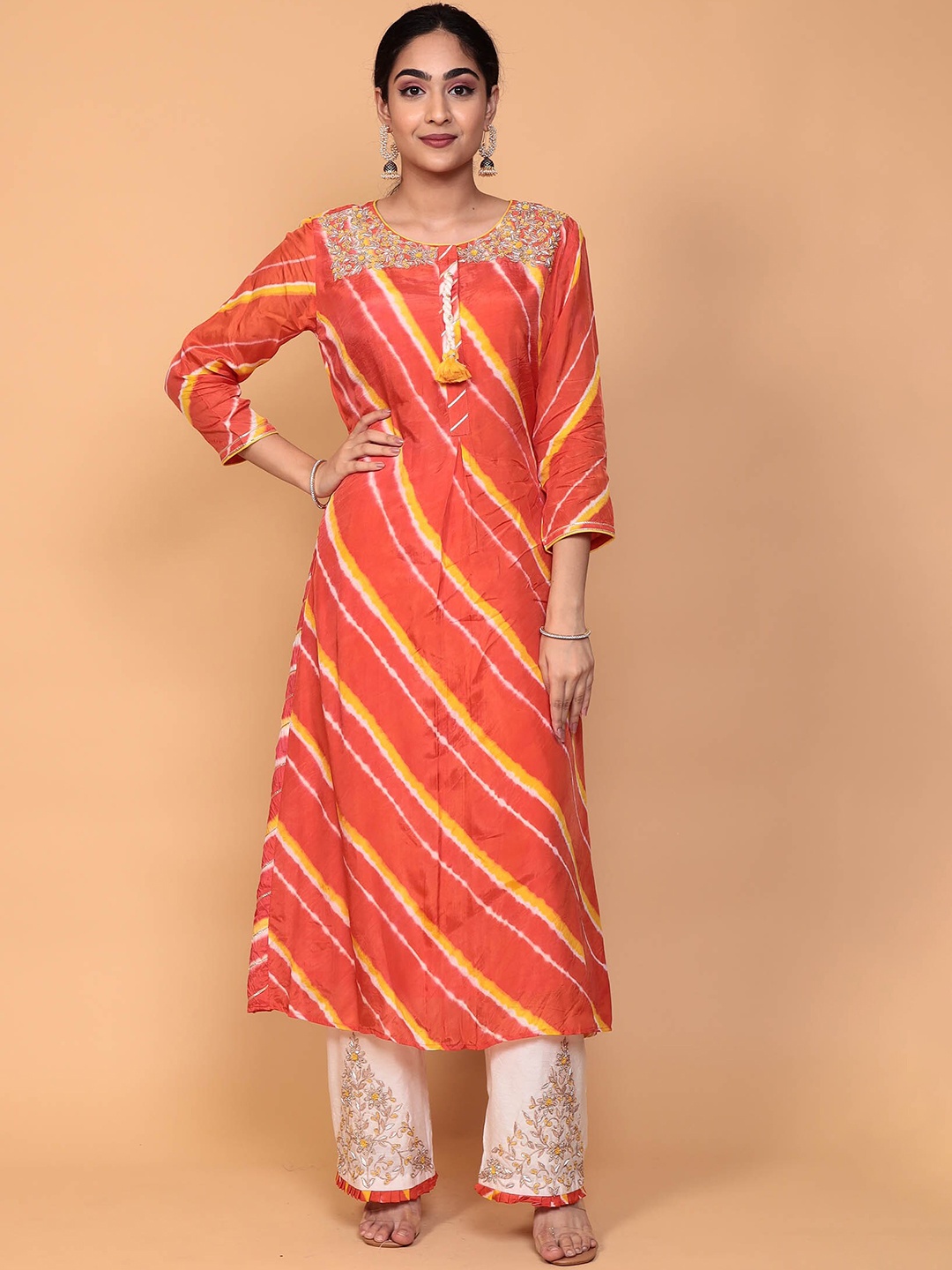 

ZARI Lehariya Printed Zardozi Pure Silk Kurta With Palazzos, Orange