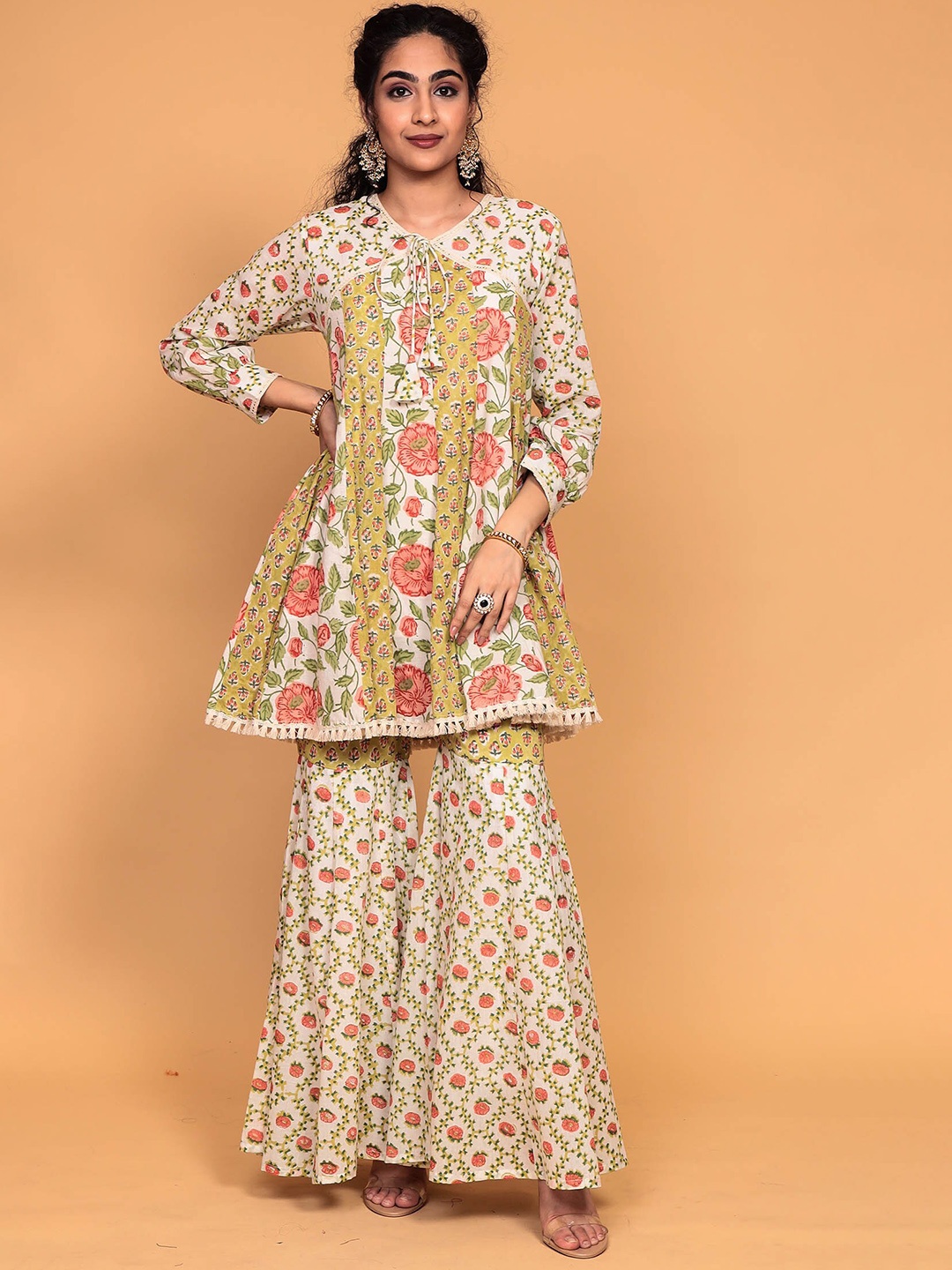 

ZARI Floral Printed Empire Pure Cotton Kurta With Sharara, White