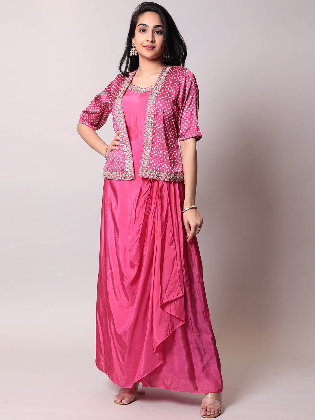 

ZARI Bandhani Printed Crepe Kurta With Jacket, Pink