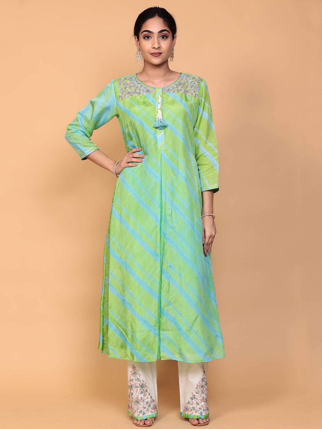 

ZARI Lehariya Printed Zardozi Pure Silk Kurta With Palazzos, Green