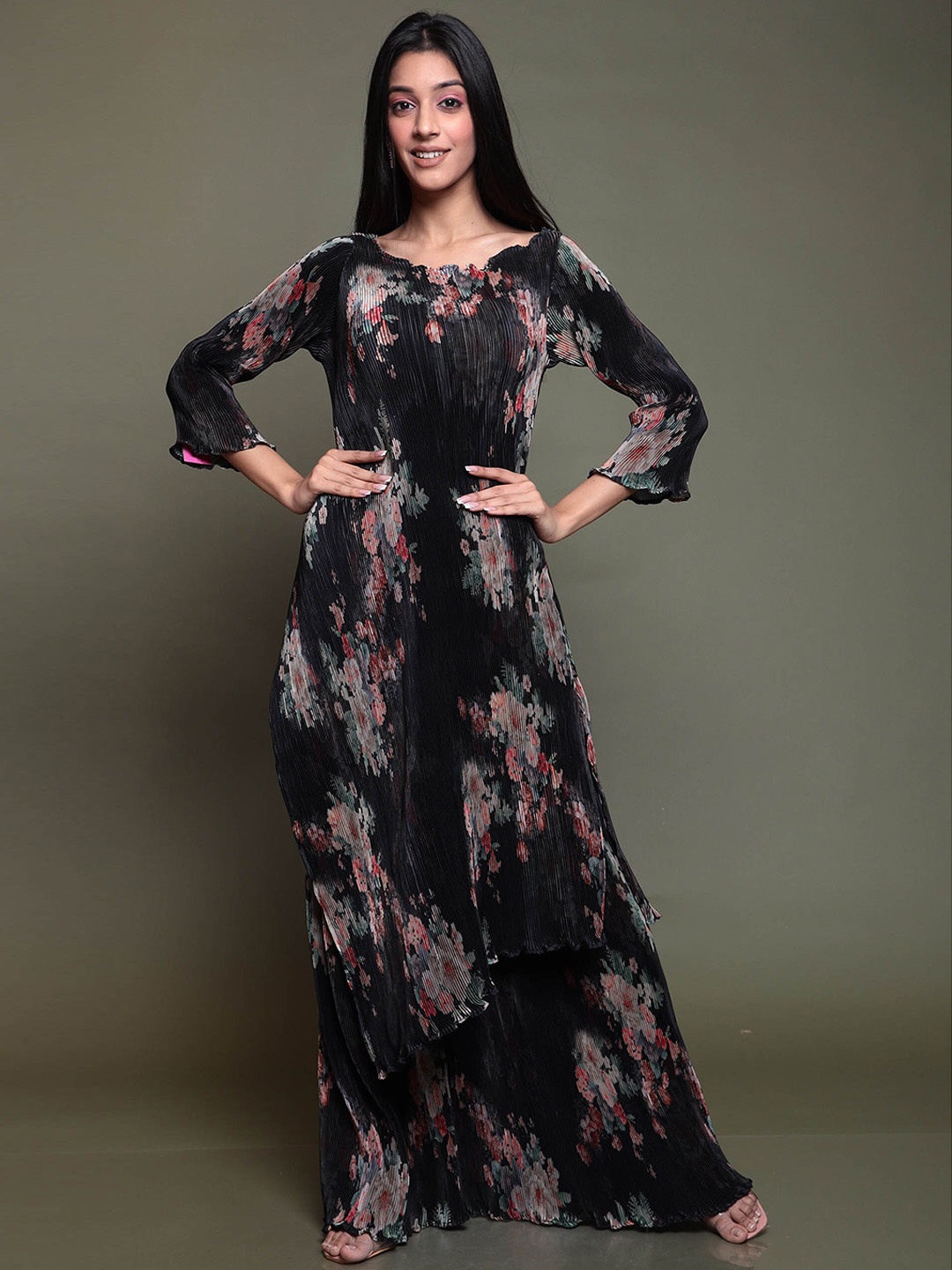 

ZARI Floral Printed Pure Silk Kurta with Sharara, Black