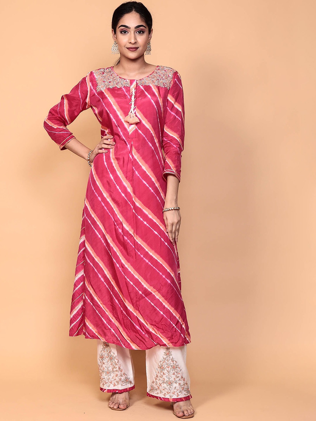 

ZARI Lehariya Printed Zardozi Pure Silk Kurta With Palazzos, Pink