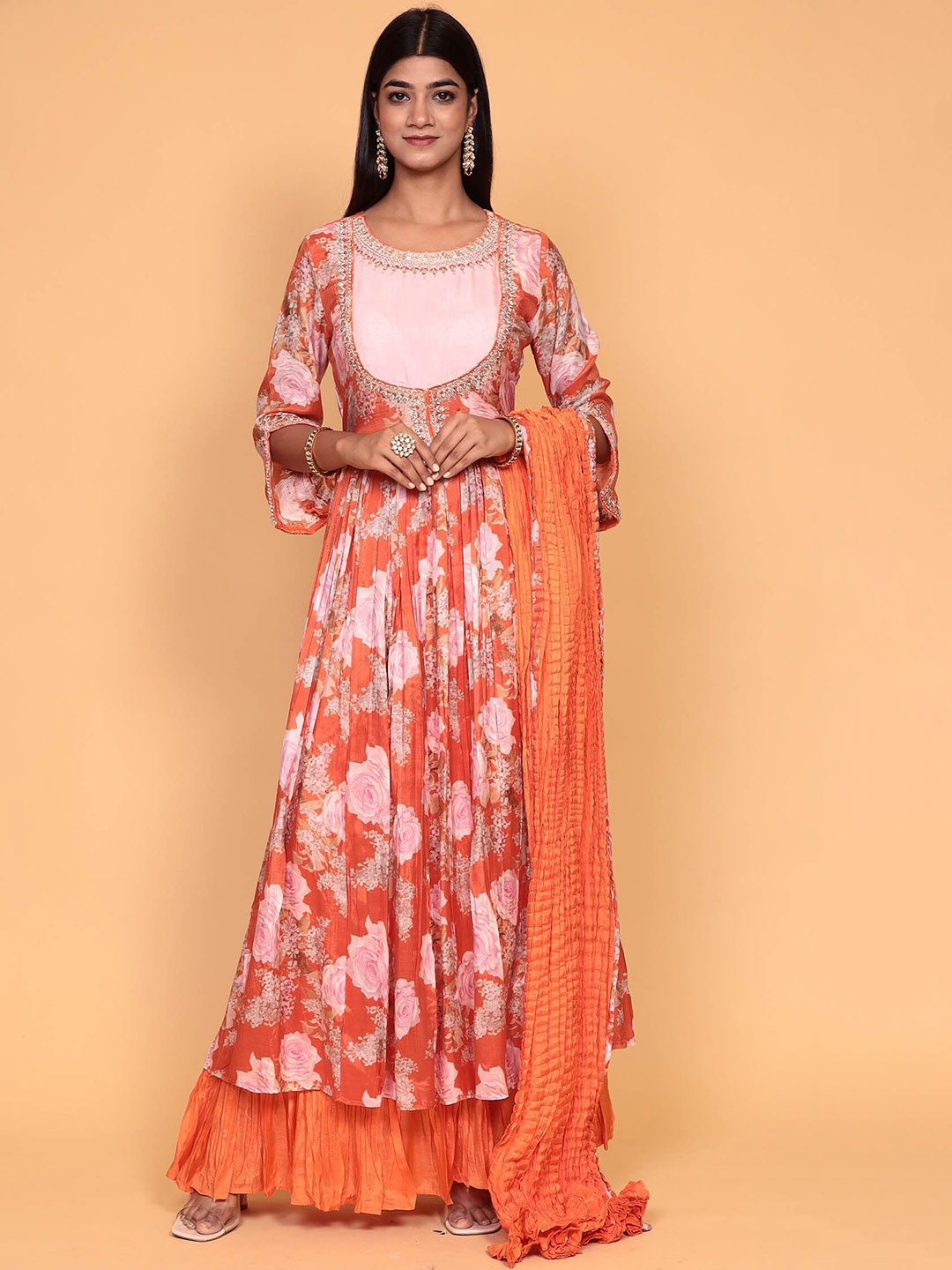 

ZARI Floral Printed Thread Work Pure Silk Kurta With Sharara & Dupatta, Orange