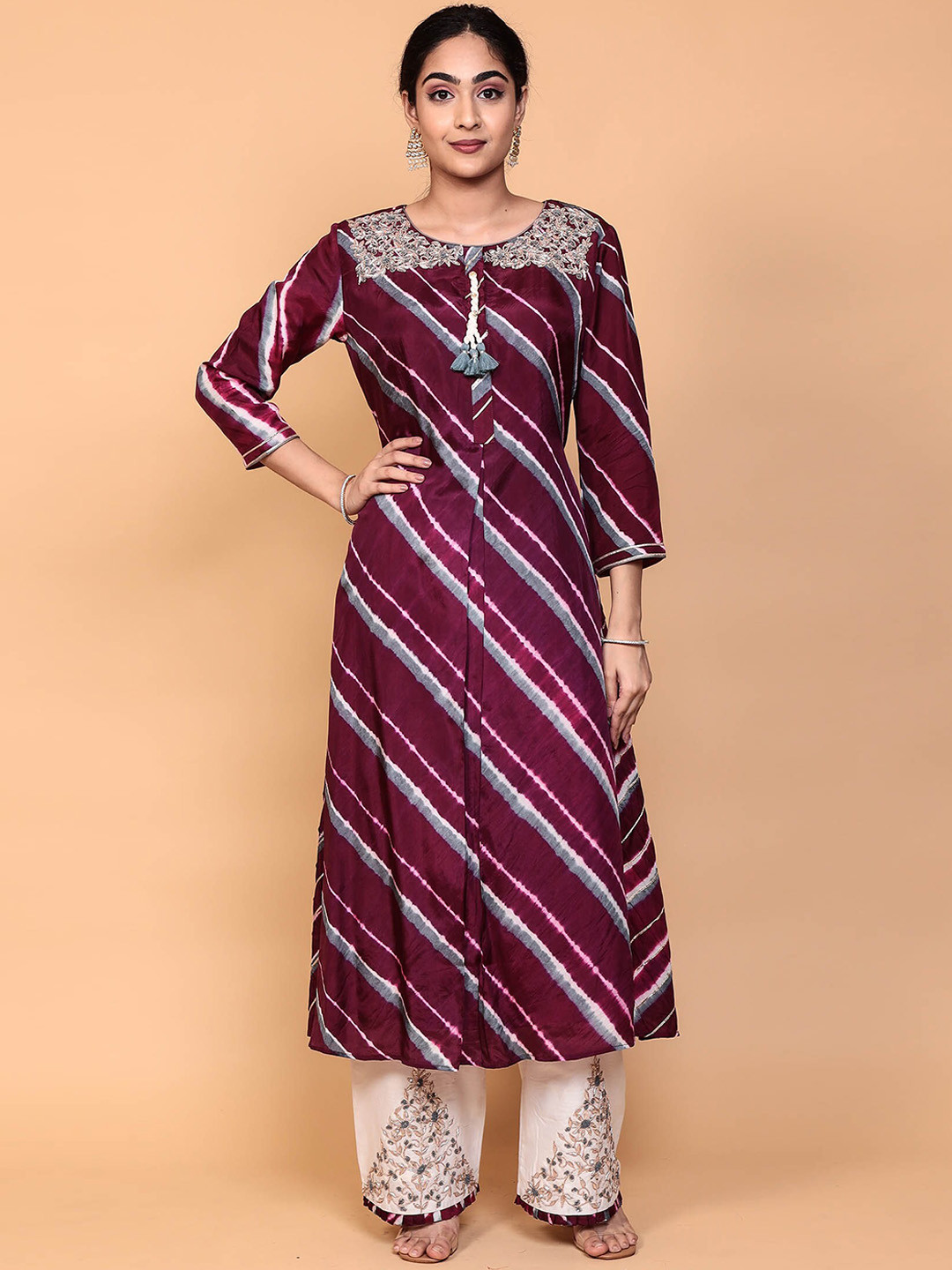 

ZARI Embroidered Pure Silk Round Neck A-Line Kurta with Palazzos, Burgundy