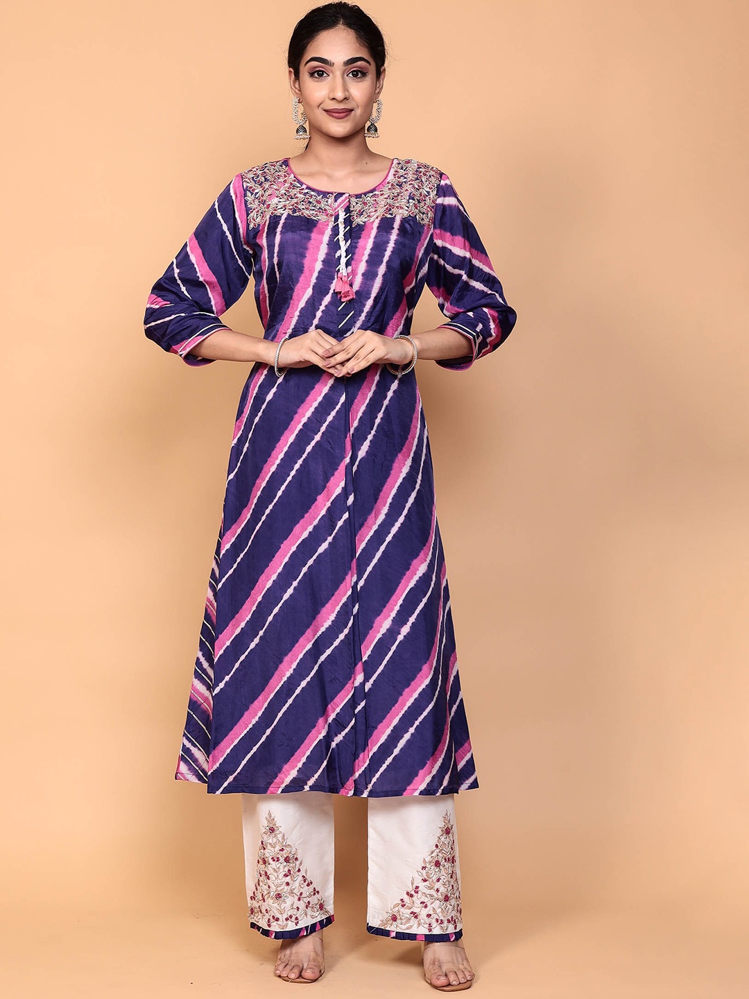 

ZARI Leheriya Dyed Zardozi Pure Silk Kurta with Palazzos, Purple