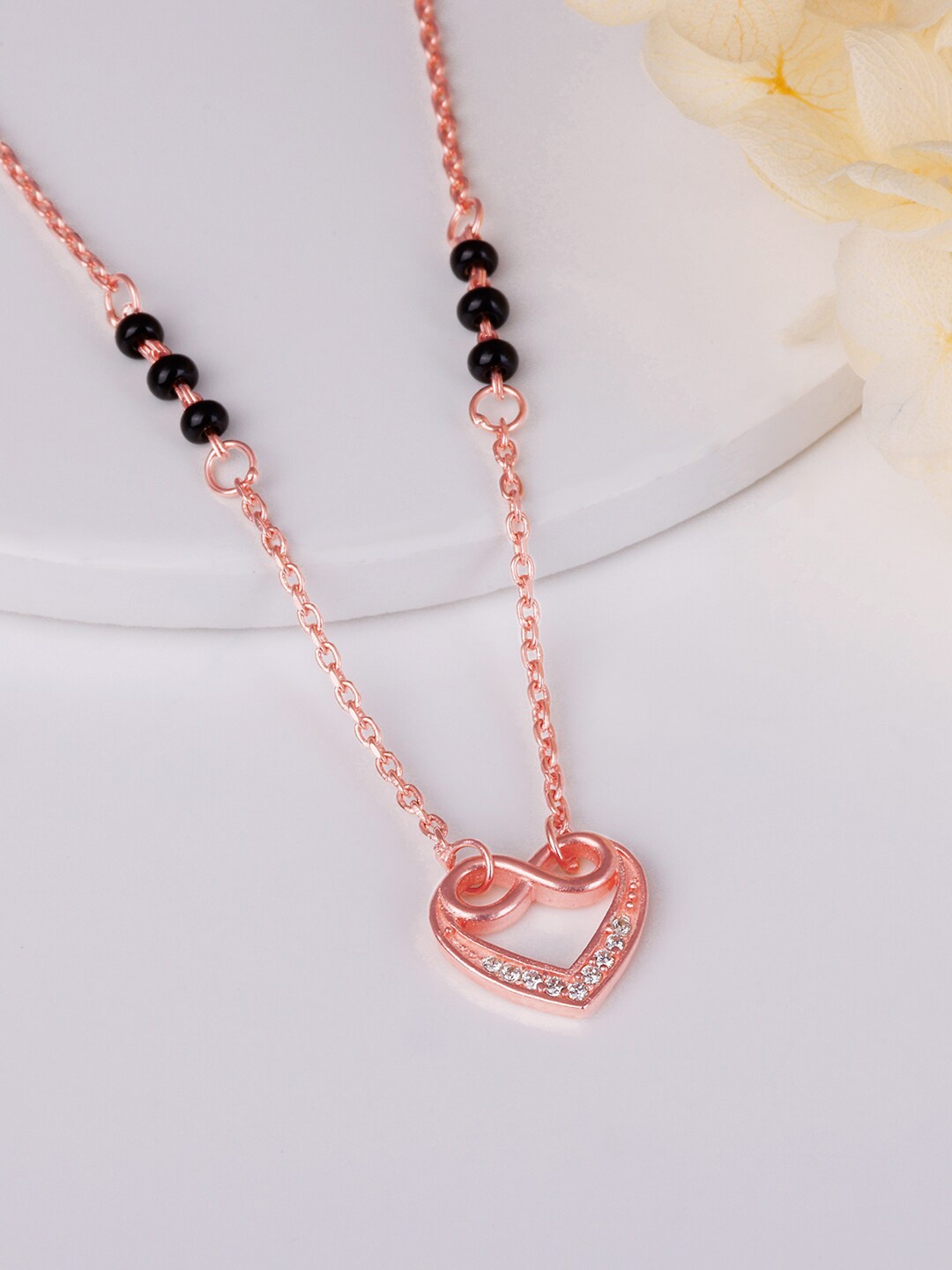 

GIVA 925 Sterling Silver Rose Gold-Plated Stone-Studded & Beaded Mangalsutra